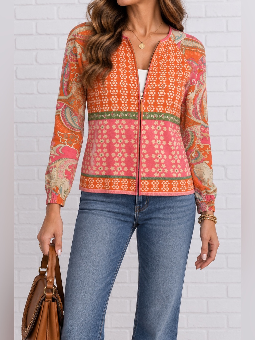 Y2K Coldwater Creek 100% Cotton Floral Paisley Zip Cardigan Small